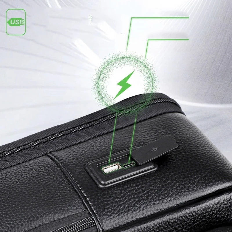 Vanguard Travel Bag: Men's Genuine Leather USB Charging Waterproof Bag usb port