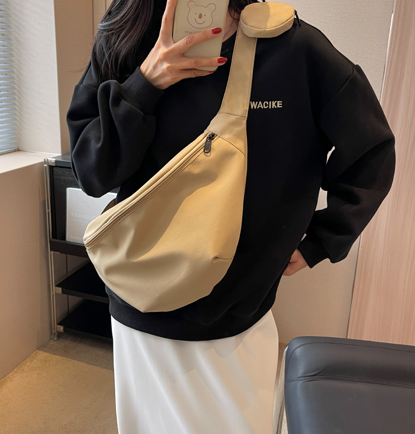 Sleekster Nylon Crossbody Shoulder Bag khaki on model