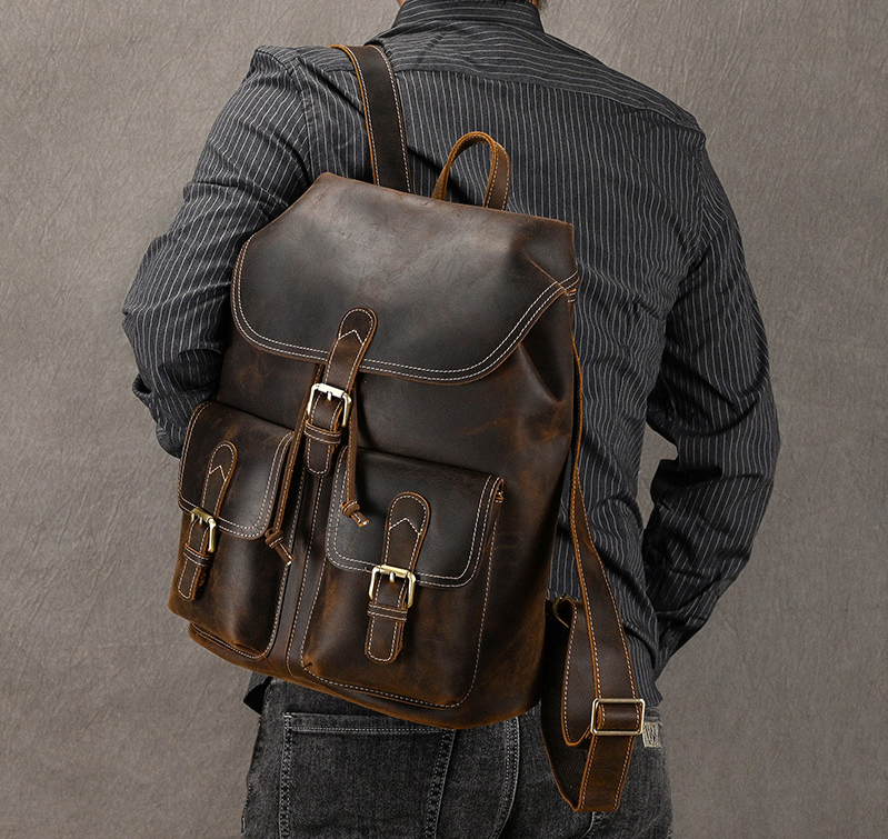 Atlas Genuine Leather Men's Shoulder Backpack dark brown on model