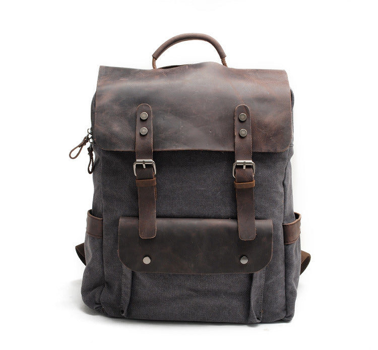 Canvas & Leather Backpack retro army hiking school dark gray