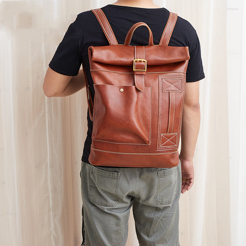 Leather Backpack retro trendy men's size on. model