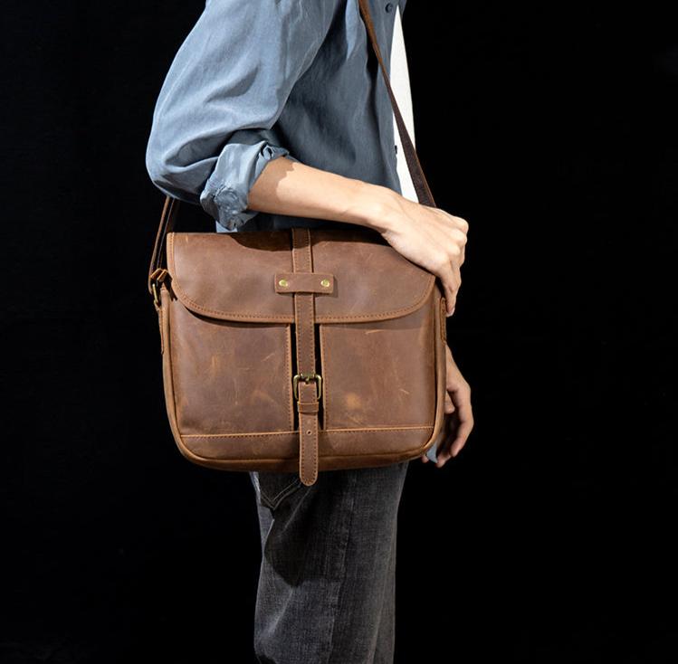 Sleek and Stylish Genuine Leather Crossbody Shoulder Bag for Men model side