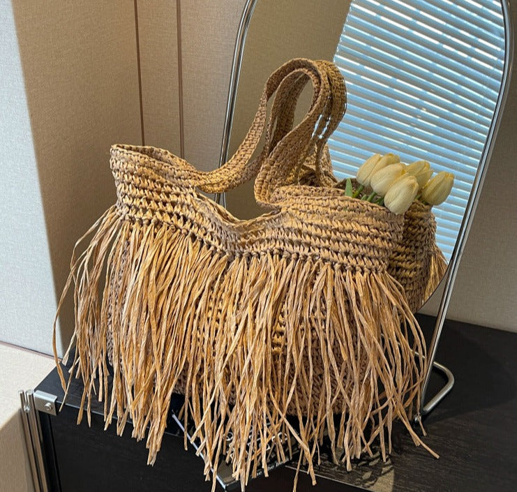 Woven Women's Large Capacity Tassel Beach Bag Brown by mirror