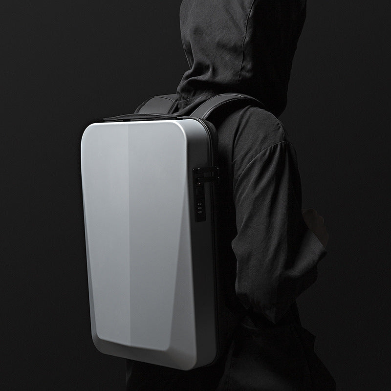 EliteShield Business Backpack - Hard-Shell Protection for Laptops & Essentials silver white on model