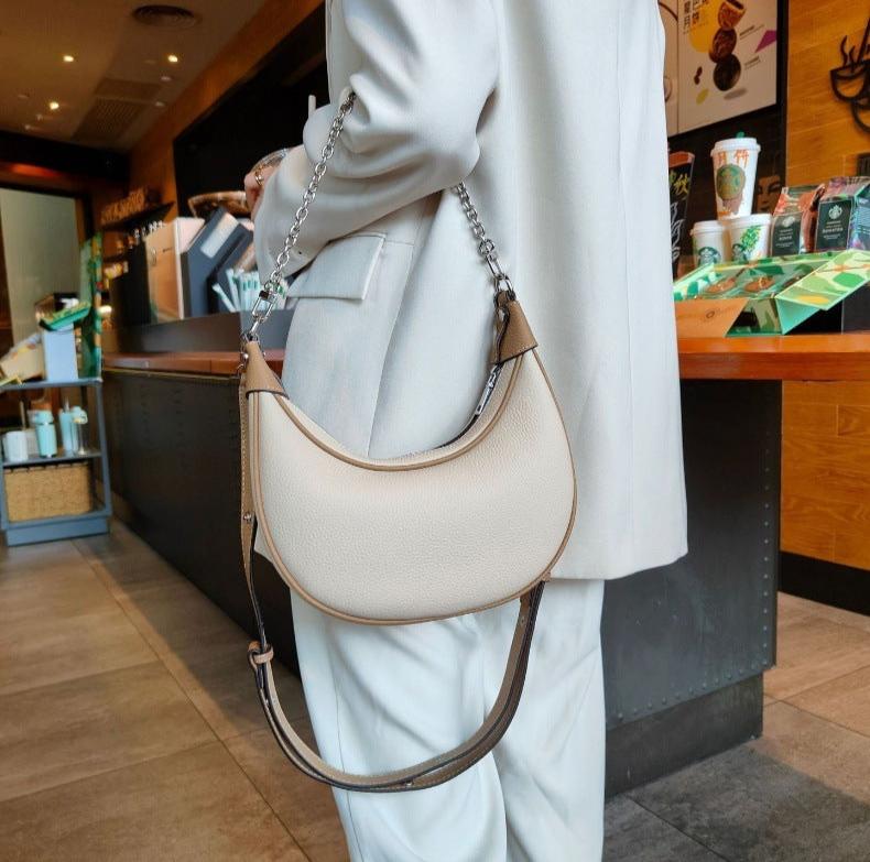 LuxeChain Genuine Leather Shoulder Bag white