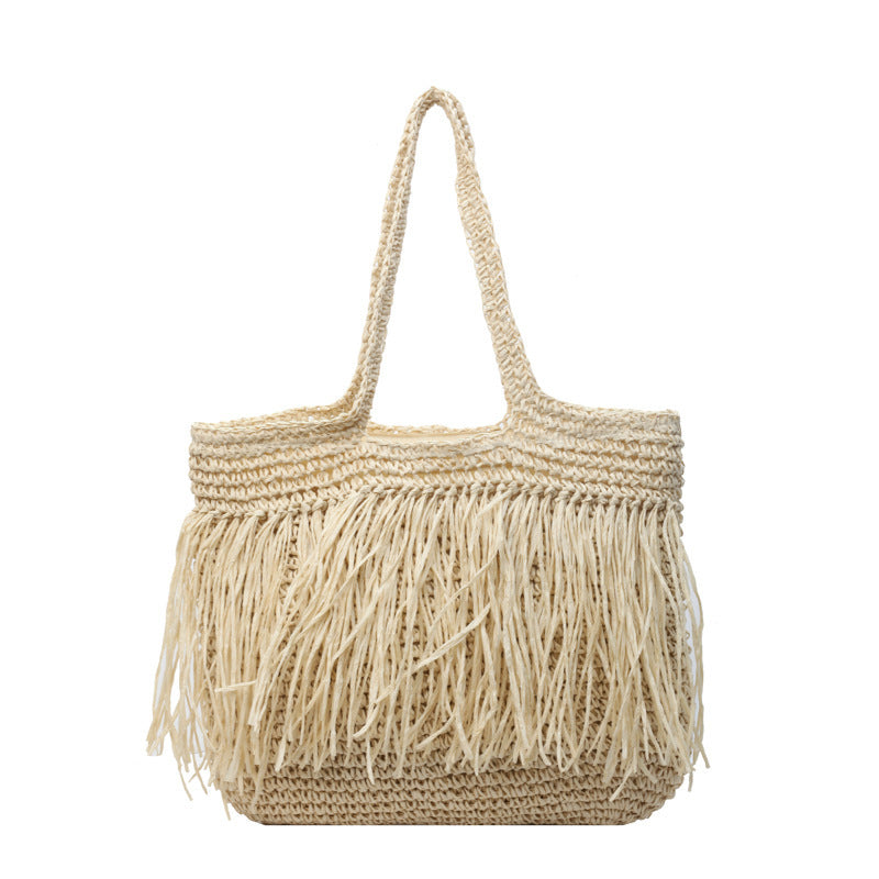 Woven Women's Large Capacity Tassel Beach Bag White