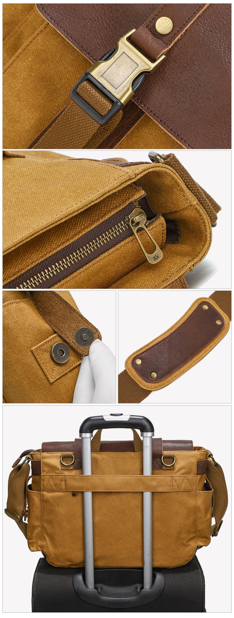 Genuine Leather and Waxed Canvas Crossbody Shoulder Bag details