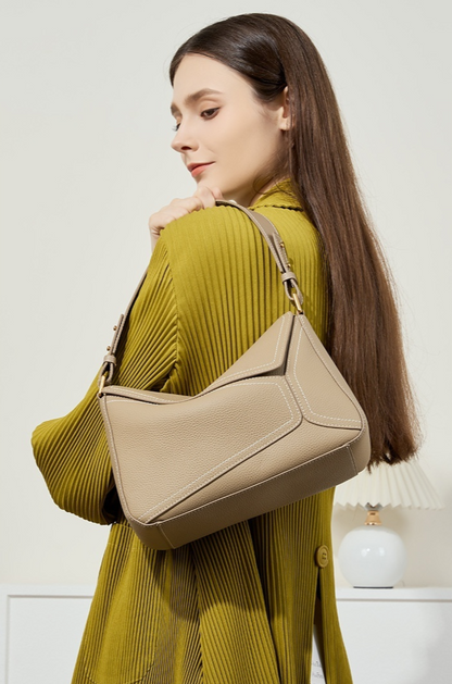 Geometric Genuine Leather Bag beige on model