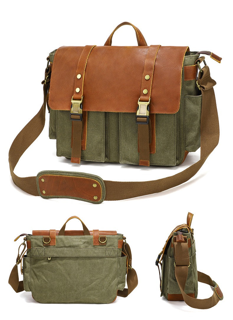 Genuine Leather and Waxed Canvas Crossbody Shoulder Bag green views