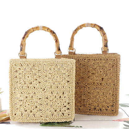 Straw Hollow-Out Tote Bamboo handles beige and brown