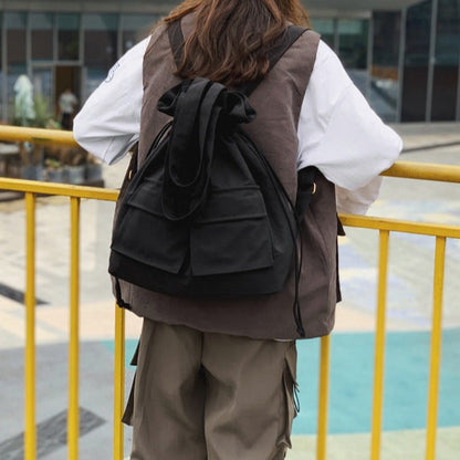 Fashion Work Canvas Drawstring Bag Backpack black model