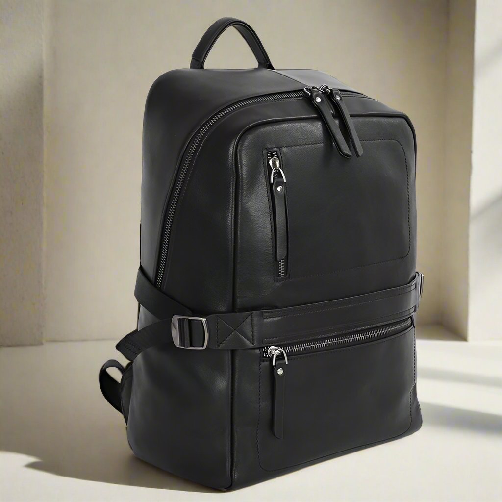 Jetsetter Men’s Genuine Leather Sleek Business Laptop Backpack black