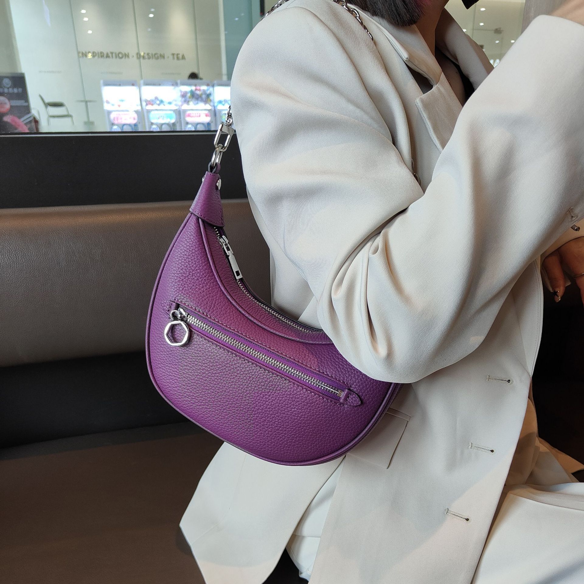 LuxeChain Genuine Leather Shoulder Bag purple