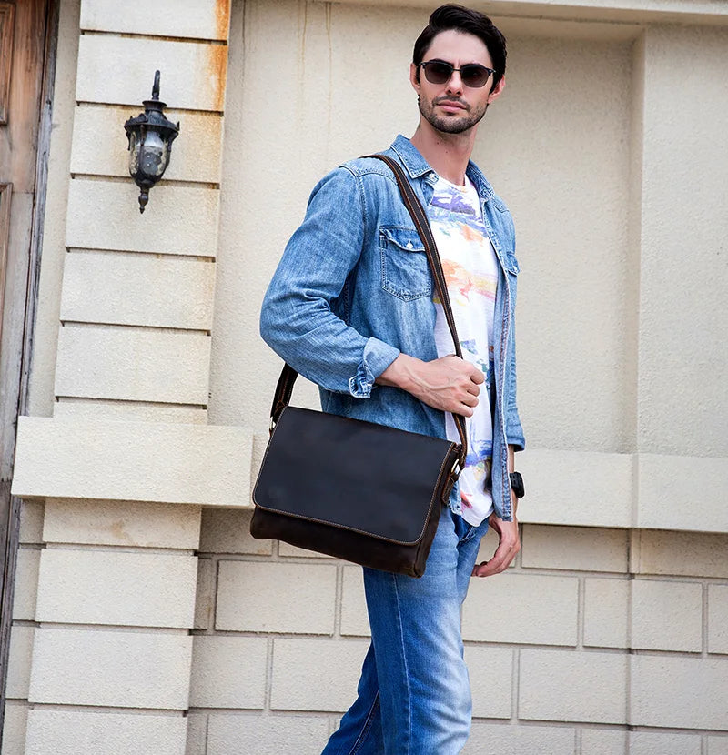 Men's shoulder Bag Retro Messenger Bag dark brown on model