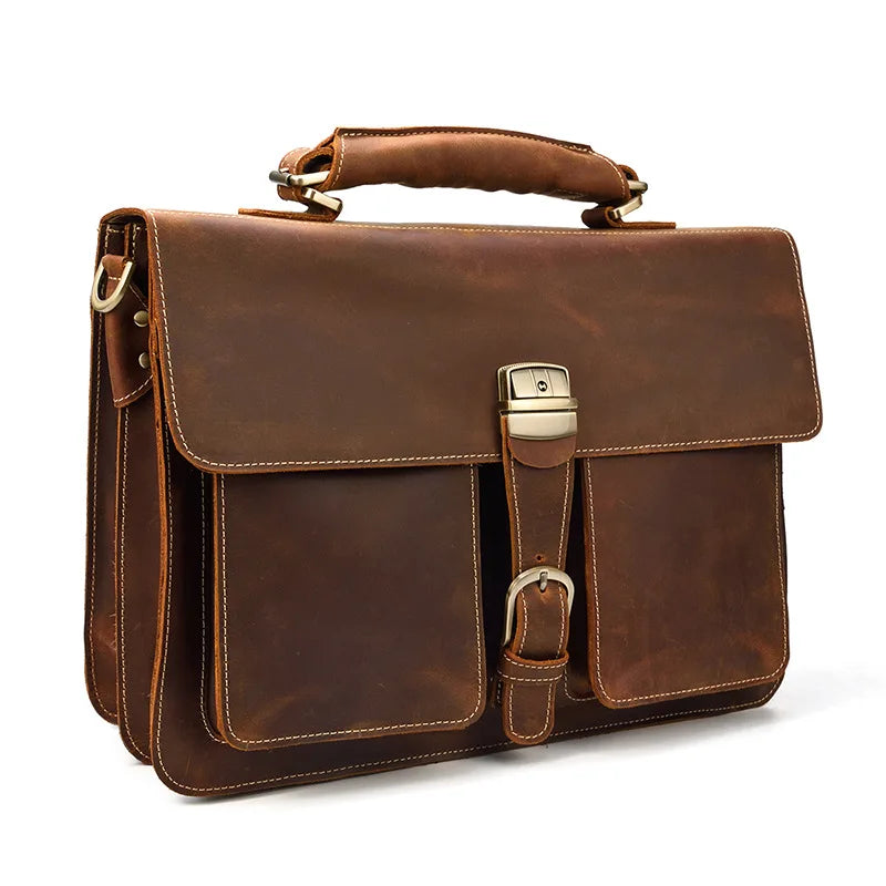 Leather Briefcase Retro Style side angle