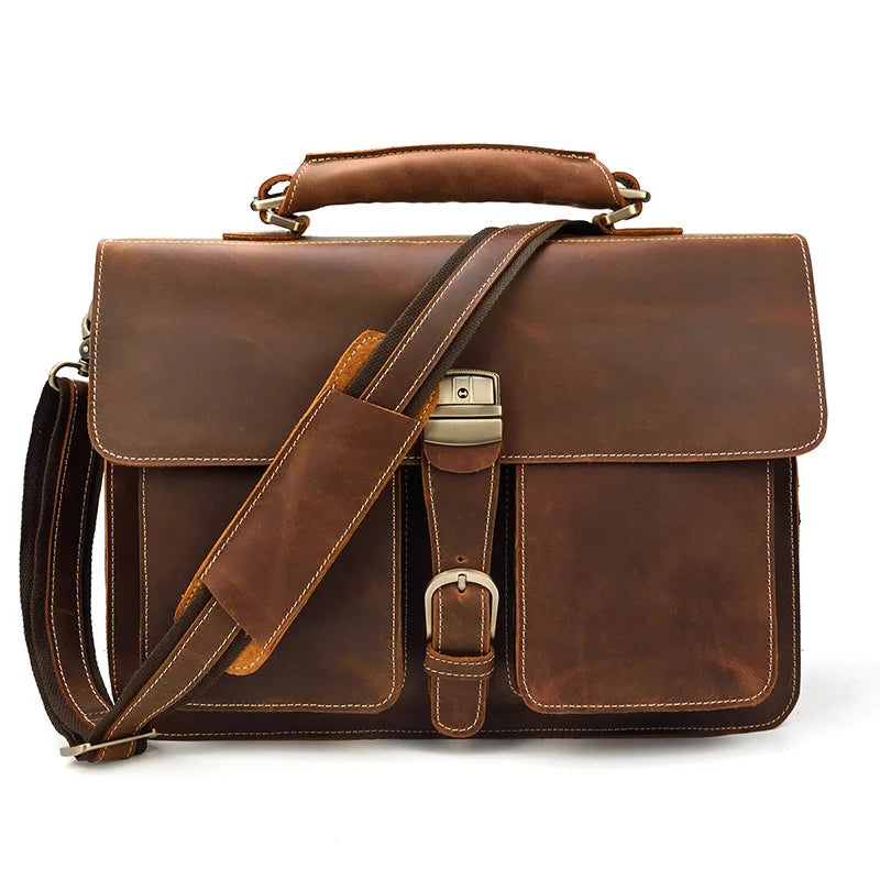 Leather Briefcase Retro Style front strap