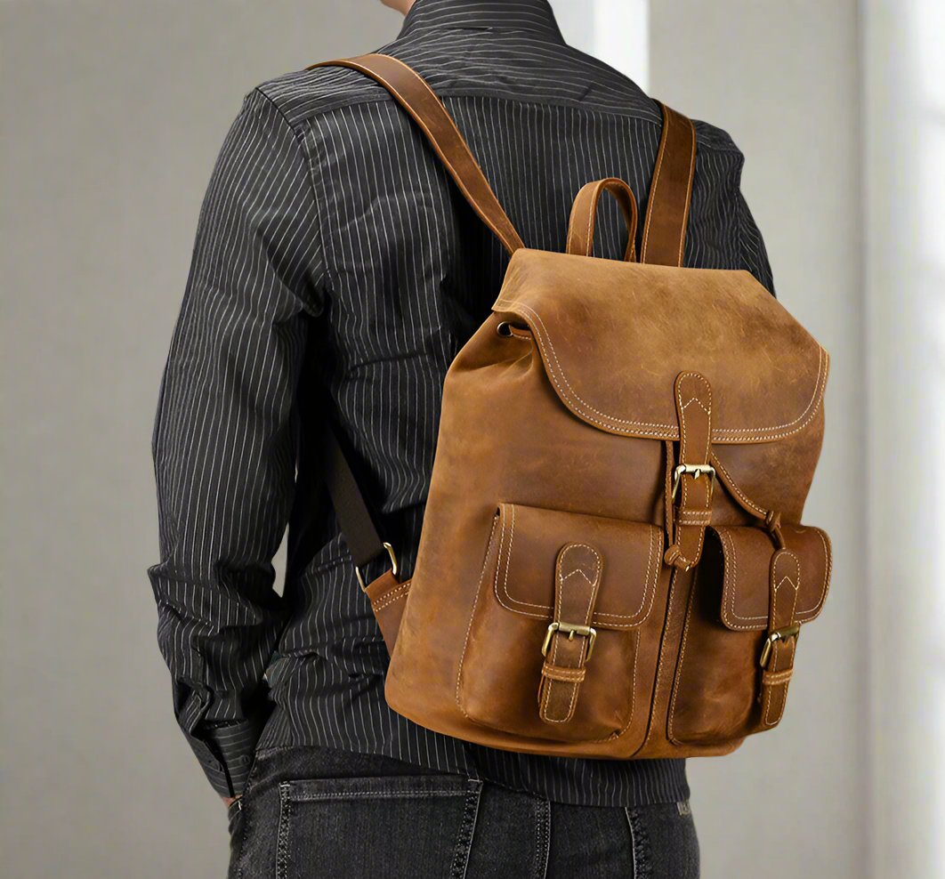 Atlas Genuine Leather Men's Shoulder Backpack on model