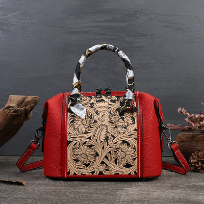 Vintage Leather Carving Shoulder Bag red