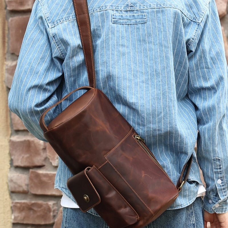 Vintage Leather Crossbody Cylinder Style Bag on model