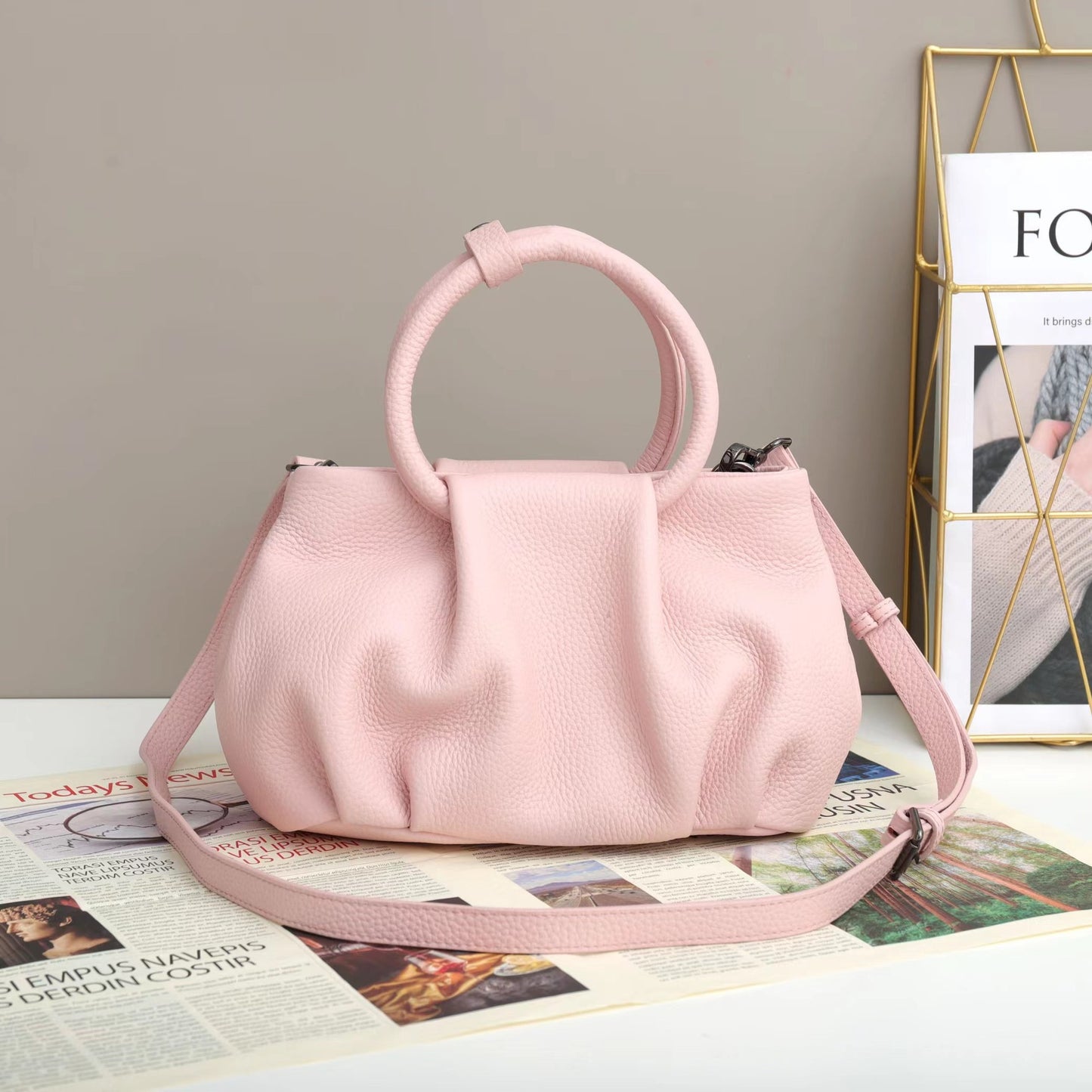 Trendy Pleated Leather Women's Handbag light pink