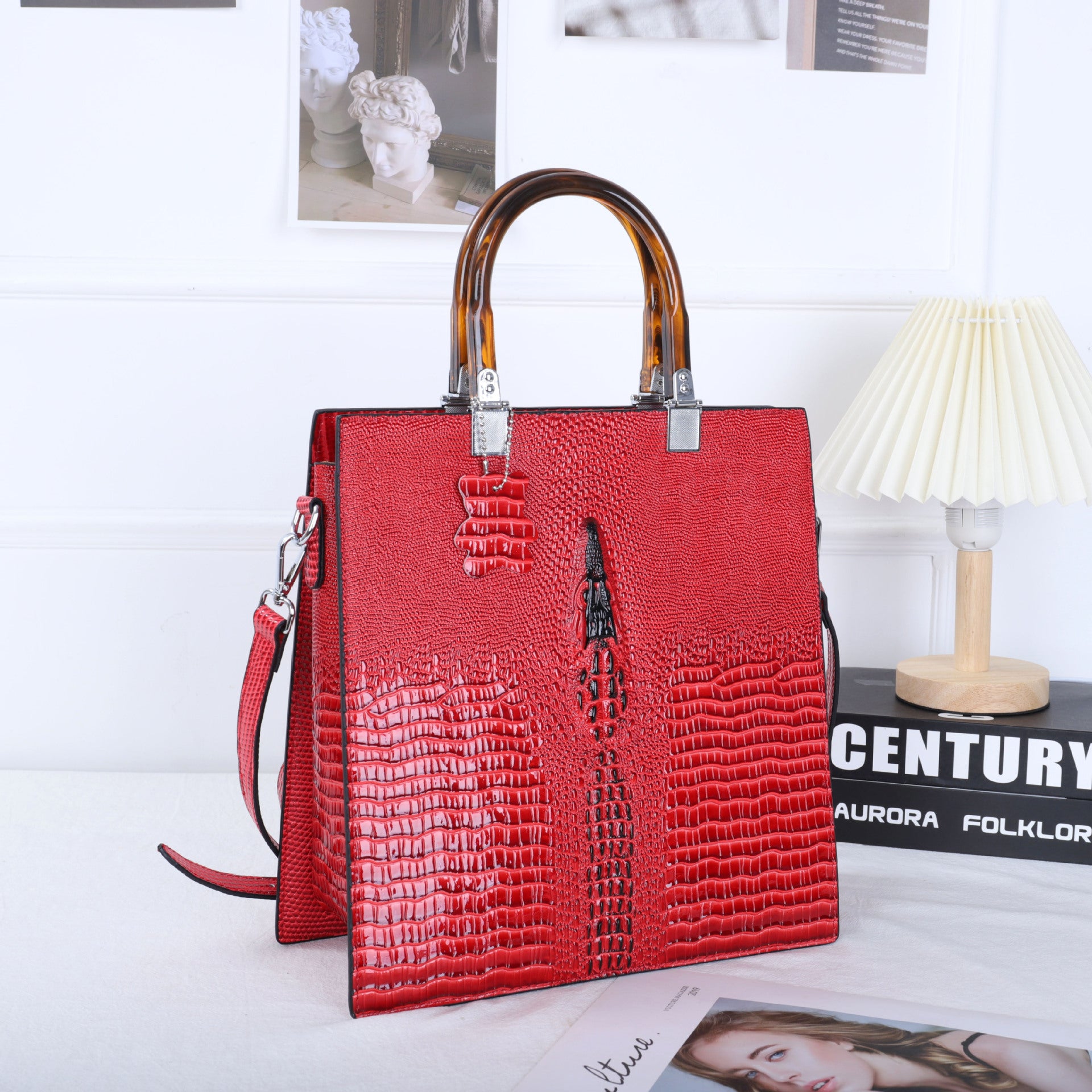 Lizard Patterned Leather Women's Handbag red