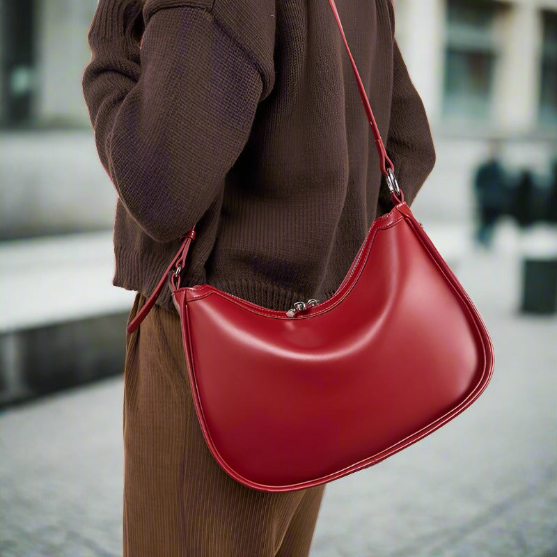 Leather Crossbody Bag Half moon dumpling shoulder handbag red