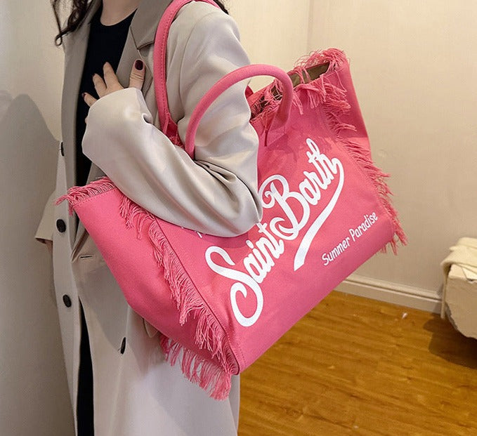 Lettered Tassel Canvas Tote - Ultimate Large Capacity Bag Summer pink model