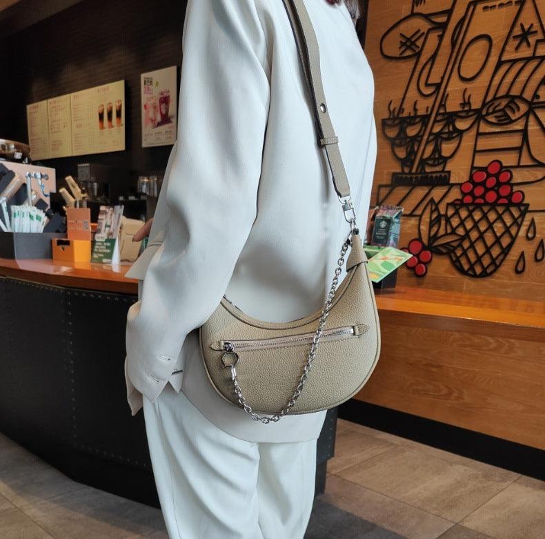 LuxeChain Genuine Leather Shoulder Bag white beige