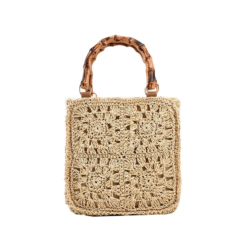 Straw Hollow-Out Tote Bamboo handles white front