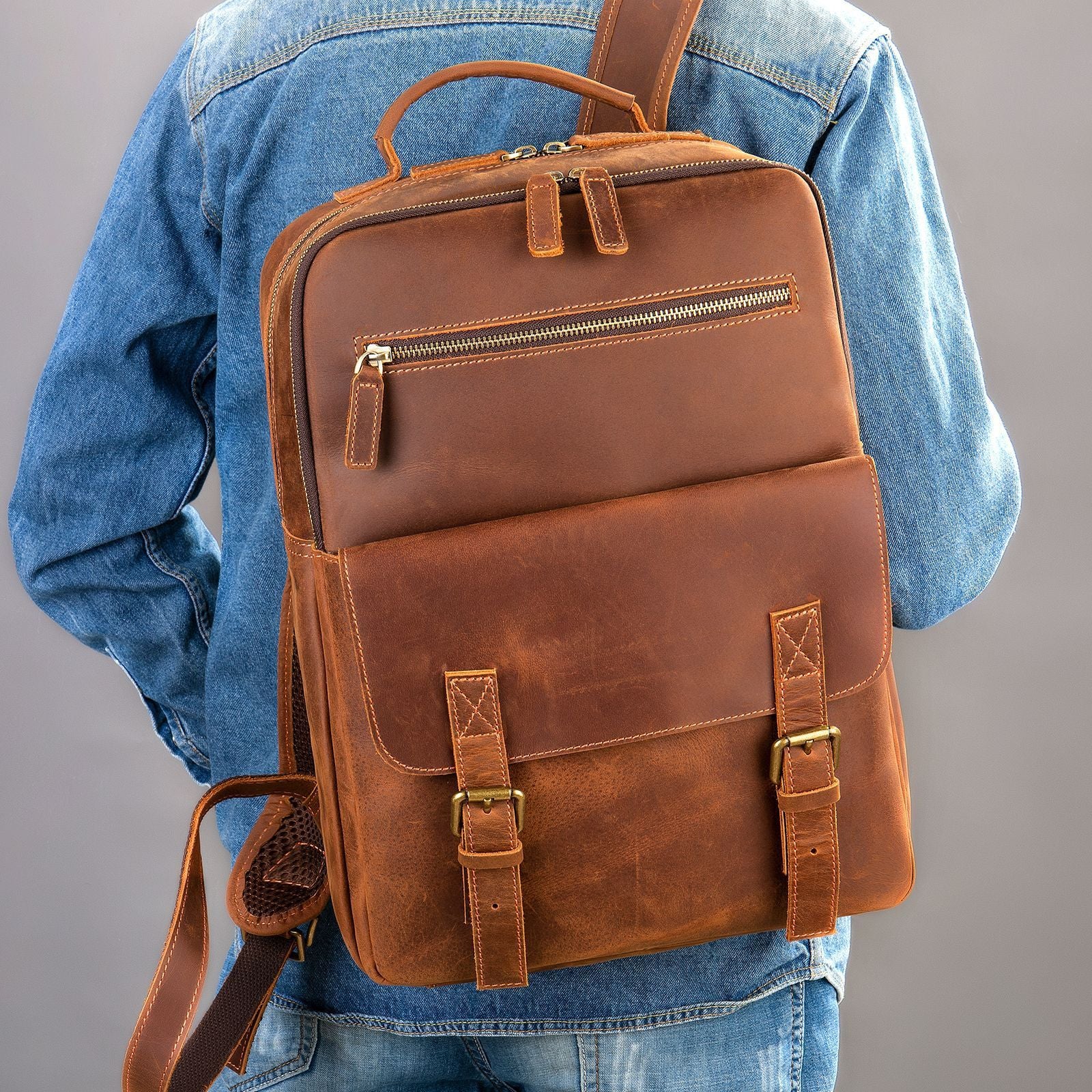 Gallant Genuine Leather Men's Large Capacity Backpack brown on model