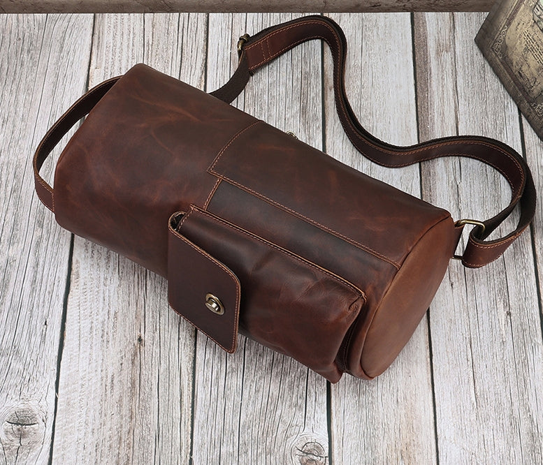 Vintage Leather Crossbody Cylinder Style Bag side